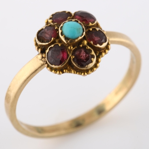 158 - An Antique turquoise and garnet cluster ring, unmarked gold settings, setting height 10.5mm, size P,... 