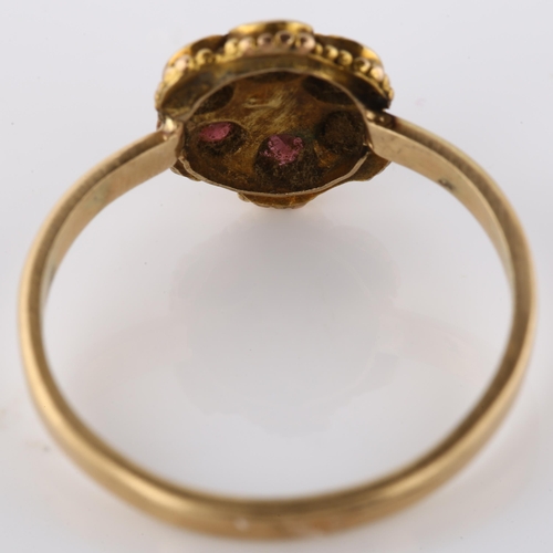 158 - An Antique turquoise and garnet cluster ring, unmarked gold settings, setting height 10.5mm, size P,... 