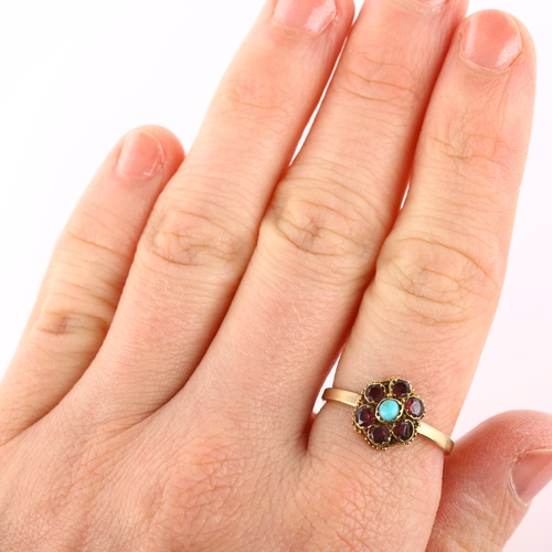 158 - An Antique turquoise and garnet cluster ring, unmarked gold settings, setting height 10.5mm, size P,... 