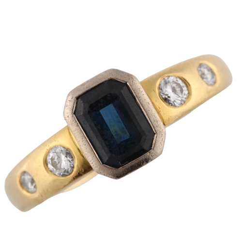 162 - An 18ct gold sapphire and diamond dress ring, set with emerald-cut sapphire and modern round brillia... 