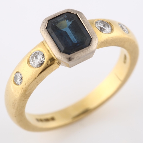 162 - An 18ct gold sapphire and diamond dress ring, set with emerald-cut sapphire and modern round brillia... 