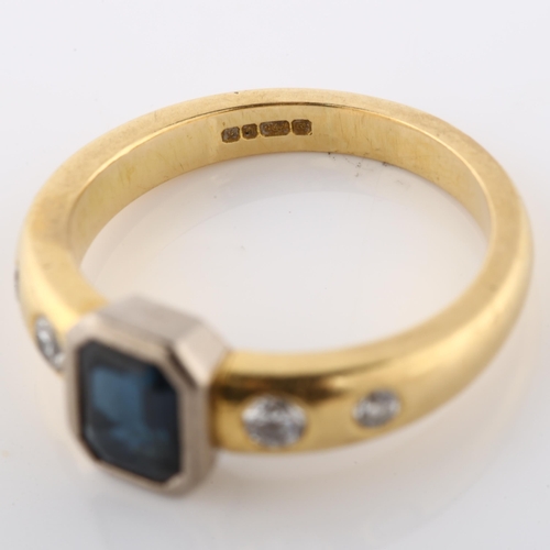 162 - An 18ct gold sapphire and diamond dress ring, set with emerald-cut sapphire and modern round brillia... 