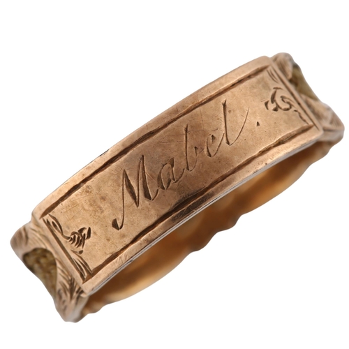 164 - A Victorian 9ct gold memorial band ring, with central engraved panel inscribed Mabel with woven hair... 