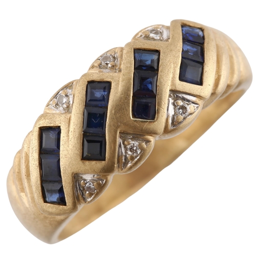 165 - A 14ct gold sapphire and diamond dress ring, set with square-cut sapphire and single-cut diamonds, s... 