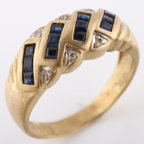 165 - A 14ct gold sapphire and diamond dress ring, set with square-cut sapphire and single-cut diamonds, s... 