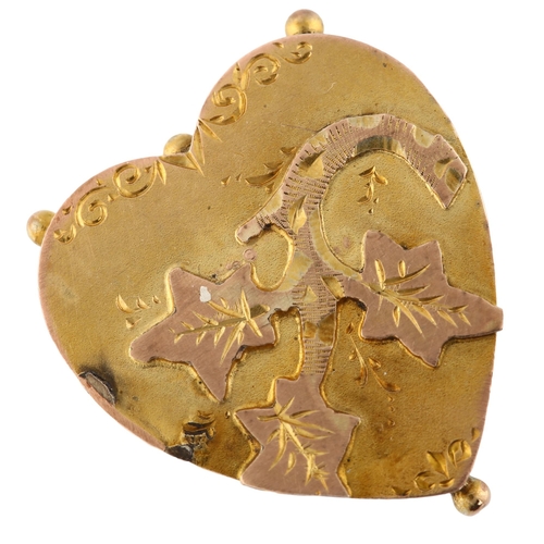 166 - An Antique heart dress ring, unmarked gold settings with applied leaf motif, setting height 18.3mm, ... 