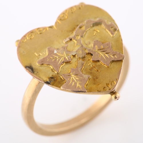 166 - An Antique heart dress ring, unmarked gold settings with applied leaf motif, setting height 18.3mm, ... 