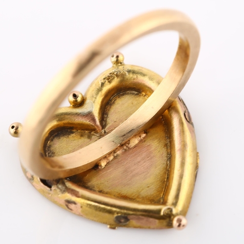 166 - An Antique heart dress ring, unmarked gold settings with applied leaf motif, setting height 18.3mm, ... 