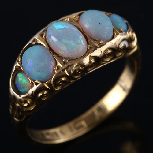 167 - An early 20th century 18ct gold graduated five stone opal half hoop ring, set with oval cabochon opa... 