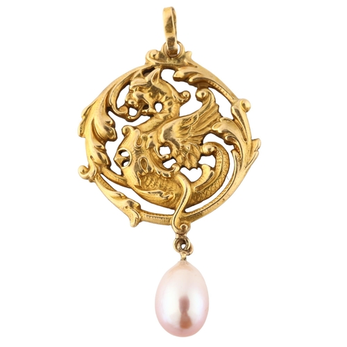 169 - An Art Nouveau pearl griffin pendant, unmarked gold settings, pendant height 52.5mm, 4.5g