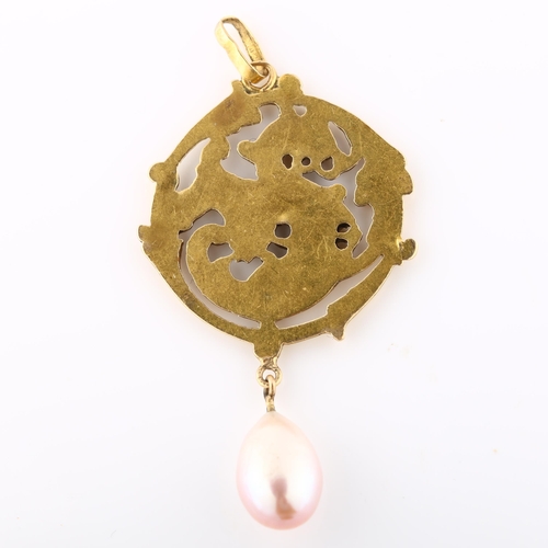 169 - An Art Nouveau pearl griffin pendant, unmarked gold settings, pendant height 52.5mm, 4.5g