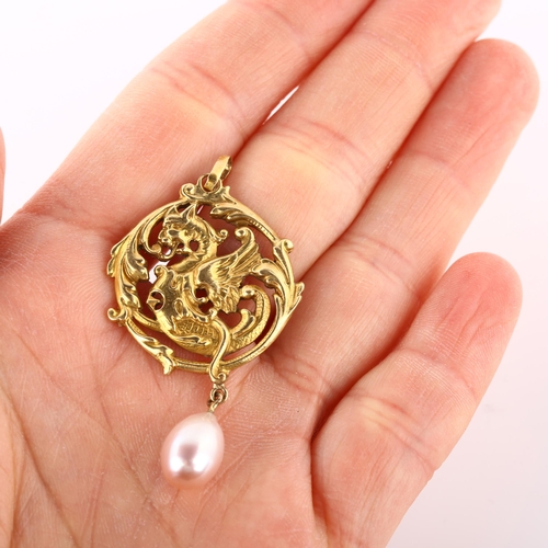 169 - An Art Nouveau pearl griffin pendant, unmarked gold settings, pendant height 52.5mm, 4.5g