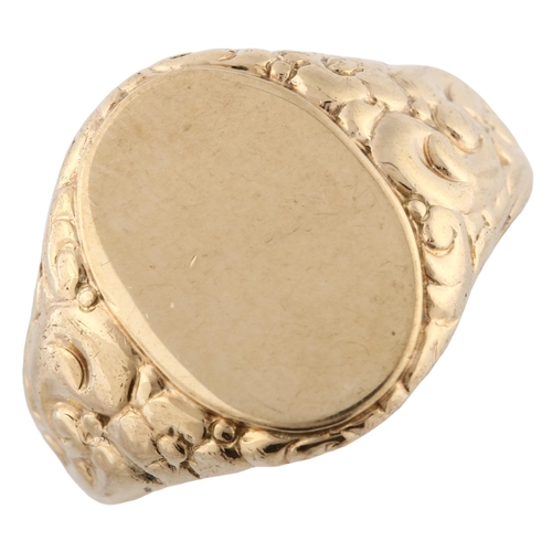 170 - A mid-20th century 9ct gold unascribed signet ring, relief embossed foliate shoulders, hallmarks Bir... 