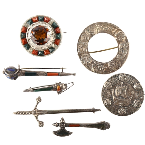 175 - Various Scottish and Celtic silver brooches, including hardstone sword example, largest length 77mm,... 