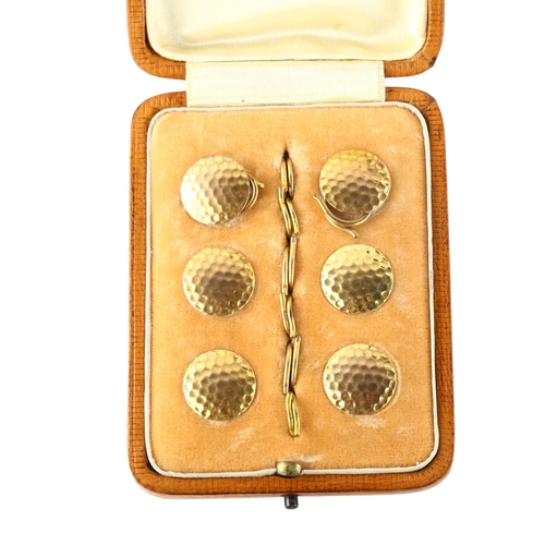 176 - A set of 6 Art Deco 9ct gold golf ball dress buttons, diameter 13.8mm, 7.2g total, in fitted case