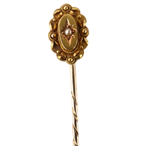 178 - A Victorian 15ct gold split pearl Etruscan Revival stickpin, head length 12.4mm, overall length 56.6... 