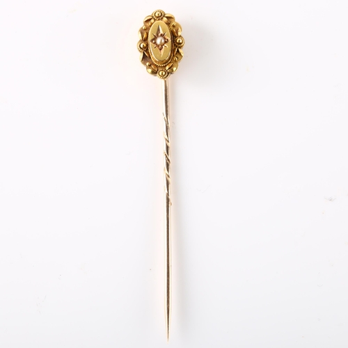 178 - A Victorian 15ct gold split pearl Etruscan Revival stickpin, head length 12.4mm, overall length 56.6... 