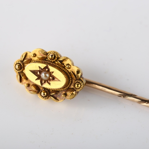 178 - A Victorian 15ct gold split pearl Etruscan Revival stickpin, head length 12.4mm, overall length 56.6... 