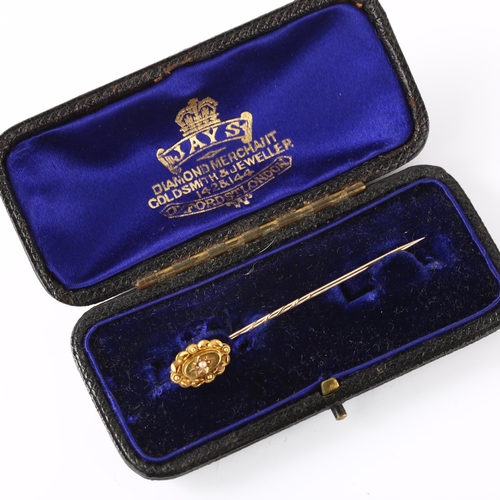 178 - A Victorian 15ct gold split pearl Etruscan Revival stickpin, head length 12.4mm, overall length 56.6... 