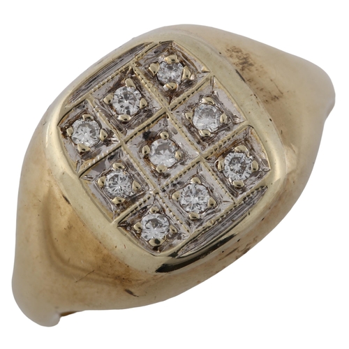 180 - A heavy 9ct gold diamond signet ring set with modern round brilliant-cut diamonds, setting height 14... 