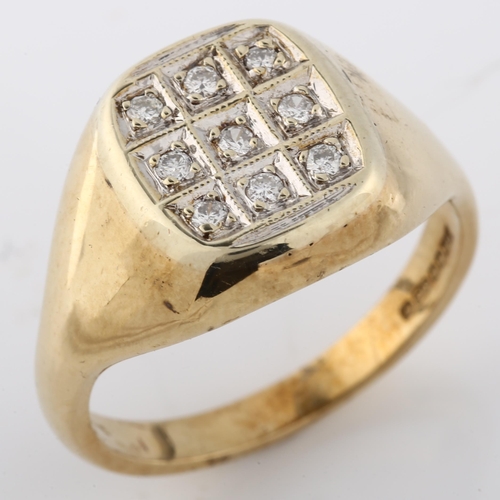 180 - A heavy 9ct gold diamond signet ring set with modern round brilliant-cut diamonds, setting height 14... 