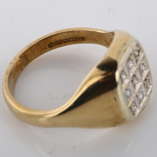 180 - A heavy 9ct gold diamond signet ring set with modern round brilliant-cut diamonds, setting height 14... 