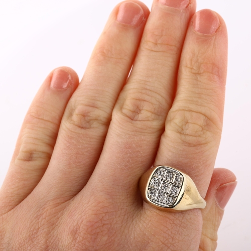 180 - A heavy 9ct gold diamond signet ring set with modern round brilliant-cut diamonds, setting height 14... 