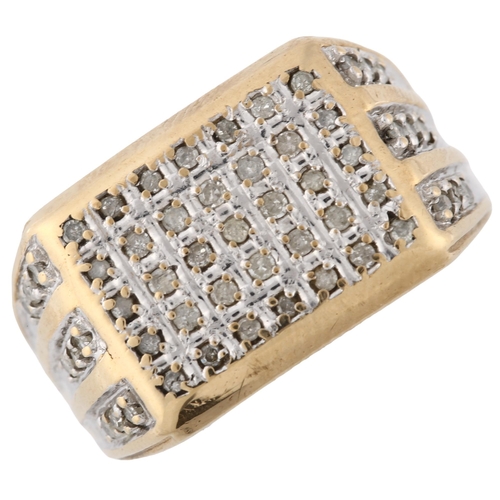 185 - A large modern 9ct gold diamond cluster signet ring, set with single-cut diamonds, setting height 13... 