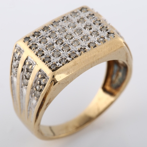 185 - A large modern 9ct gold diamond cluster signet ring, set with single-cut diamonds, setting height 13... 