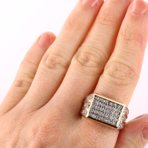 185 - A large modern 9ct gold diamond cluster signet ring, set with single-cut diamonds, setting height 13... 