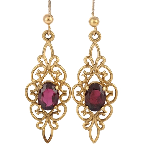 264 - A pair of 9ct gold garnet drop earrings, in Edwardian style with stud fittings, earring height 32.8m... 