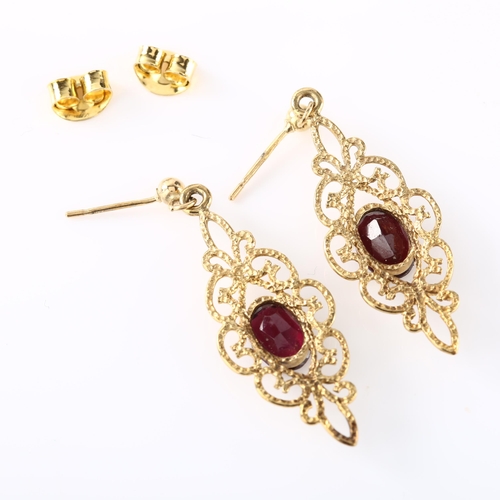 264 - A pair of 9ct gold garnet drop earrings, in Edwardian style with stud fittings, earring height 32.8m... 