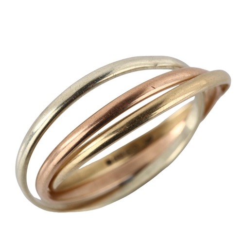 269 - A 9ct three-colour gold trinity style ring, hallmarks Sheffield 1984, individual band width 1.8mm, s... 