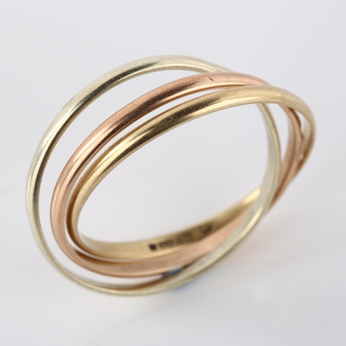 269 - A 9ct three-colour gold trinity style ring, hallmarks Sheffield 1984, individual band width 1.8mm, s... 