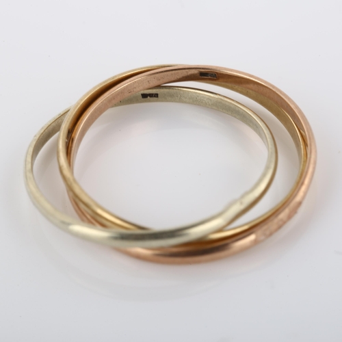 269 - A 9ct three-colour gold trinity style ring, hallmarks Sheffield 1984, individual band width 1.8mm, s... 