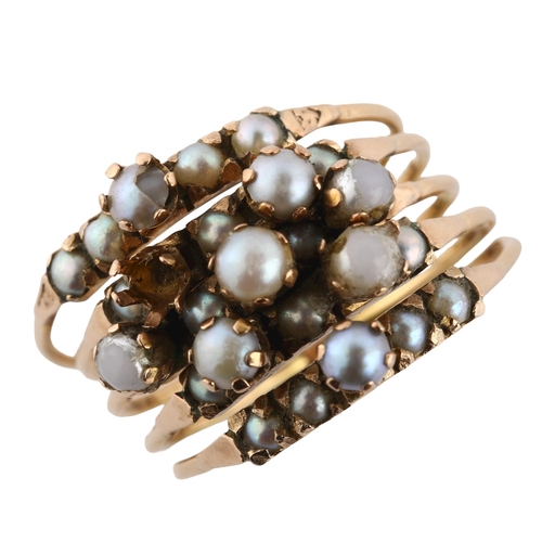 272 - A Turkish multi-band pearl Harem ring, composed of 5 separate bands joined at the shank, overall set... 