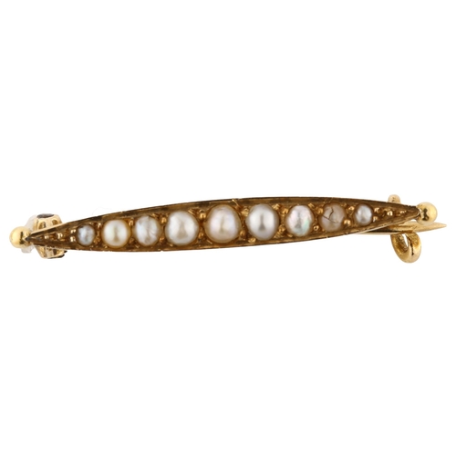 274 - A 19th century French pearl line brooch, unmarked high carat gold settings, brooch length 29.4mm, 1.... 