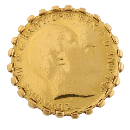 278 - An Edward VII gold half sovereign coin, in unmarked gold ring mount, setting diameter 21mm, size M, ... 