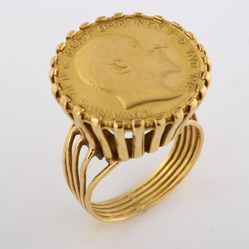 278 - An Edward VII gold half sovereign coin, in unmarked gold ring mount, setting diameter 21mm, size M, ... 