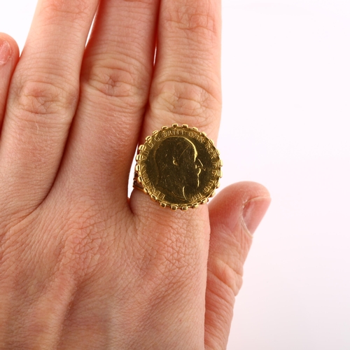 278 - An Edward VII gold half sovereign coin, in unmarked gold ring mount, setting diameter 21mm, size M, ... 