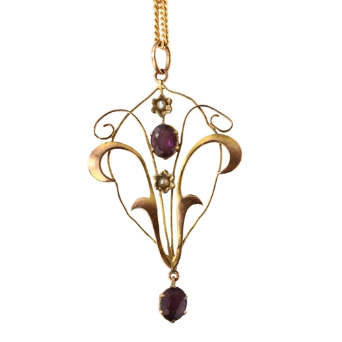 347 - An Edwardian 9ct rose gold amethyst and pearl openwork pendant necklace, on 9ct fine curb link chain... 