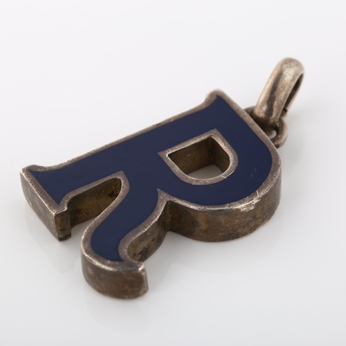 353 - GUCCI - a heavy silver and blue enamel initial R pendant, in 3-dimensional form, signed Gucci, maker... 