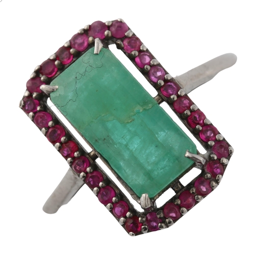 357 - A modern emerald and ruby cluster ring, unmarked white metal settings, setting height 16.6mm, size N... 