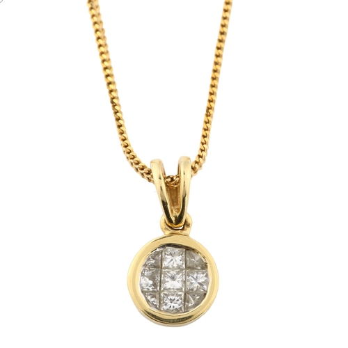 362 - A modern 18ct gold diamond cluster tablet pendant necklace, set with Princess-cut diamonds, 18ct fin... 