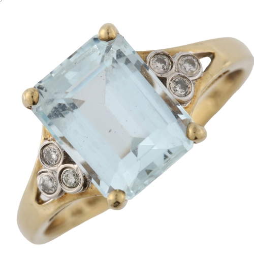 363 - A 9ct gold aquamarine and diamond dress ring, setting height 10.4mm, size P, 2.5g