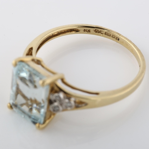 363 - A 9ct gold aquamarine and diamond dress ring, setting height 10.4mm, size P, 2.5g