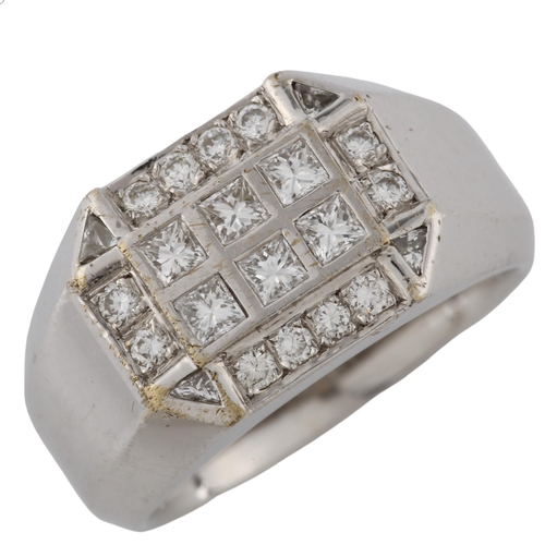 365 - AVAKIAN - a heavy 18ct white gold diamond signet ring, set with Princess and modern round brilliant-... 