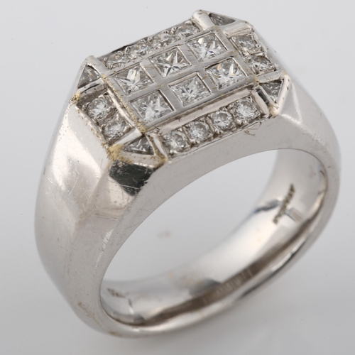 365 - AVAKIAN - a heavy 18ct white gold diamond signet ring, set with Princess and modern round brilliant-... 