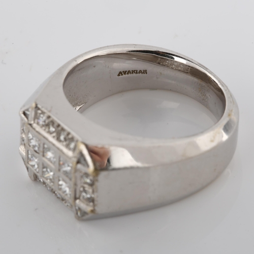 365 - AVAKIAN - a heavy 18ct white gold diamond signet ring, set with Princess and modern round brilliant-... 