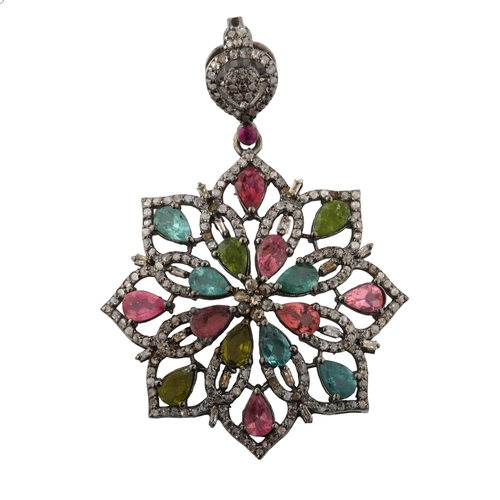 369 - A modern vari-hue tourmaline and diamond flowerhead pendant, set with pear-cut tourmalines and rose-... 